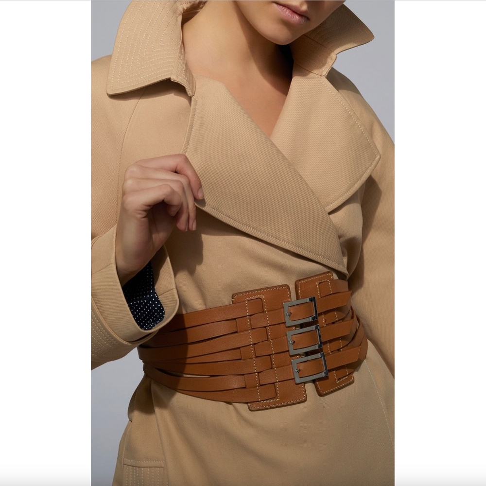 Vaincourt Brown Leather Multi Buckle Multi Strap Wide Waist Belt